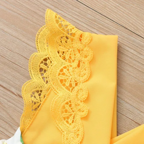 Vista 6 de Mameluco con estampado de manga mosca de encaje para niñas recién nacidas, conjunto de diadema para baile 2t (amarillo, 9-12 meses)