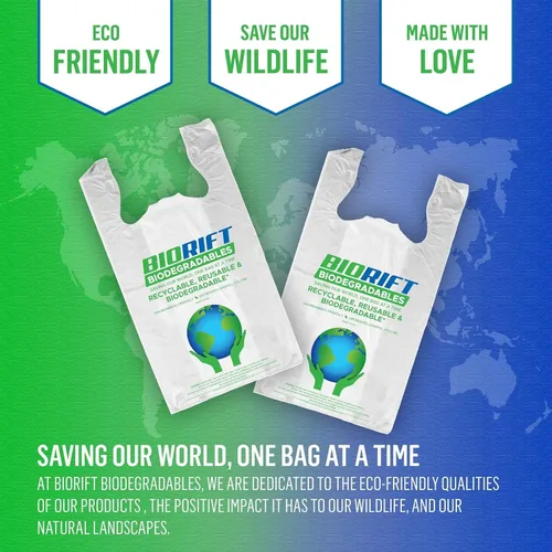 Vista 7 de BioRift Bolsas de comestibles para camisetas – 100% biodegradables y ecológicas – Bolsas de basura pequeñas reutilizables para supermercado – Asas