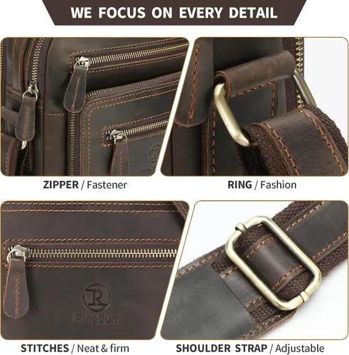 Vista 3 de Ringsun Bolso pequeño de cuero para hombre, bolso de cuero para hombre, bolsa de mensajero para hombre, bolsa cruzada con cremallera, bolsa