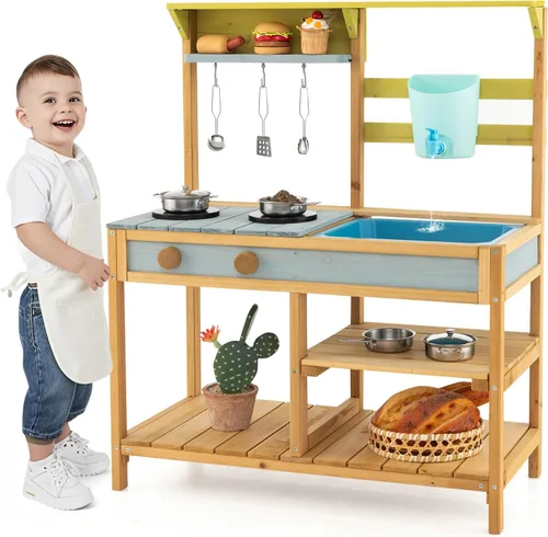 Vista 12 de HONEY JOY Juego de cocina de barro para niños, para interiores y exteriores, juguete de simulación de madera con fregadero extraíble, grifo