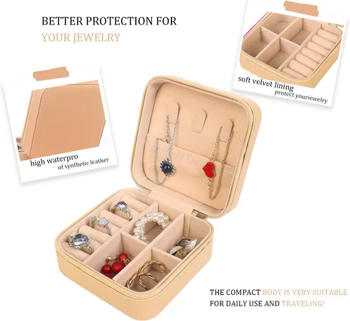 Vista 4 de KElofoN Organizador de joyas de viaje, joyero de viaje, caja organizadora de joyas pequeña para niñas y mujeres (1, caqui)