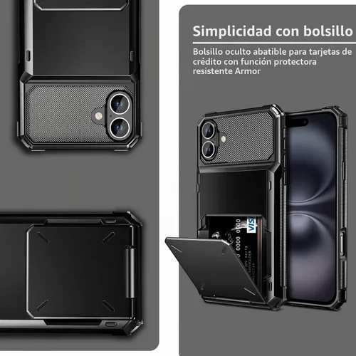 Vista 6 de Vofolen Funda para iPhone 16 con tarjetero tipo cartera negra Negro