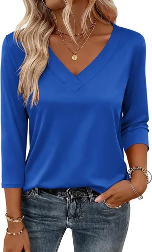 Vista 12 de Zeagoo Camisetas de manga 3/4 para mujer, cuello en V, blusa casual elegante, camisetas básicas 2026, ropa de moda S-2XL