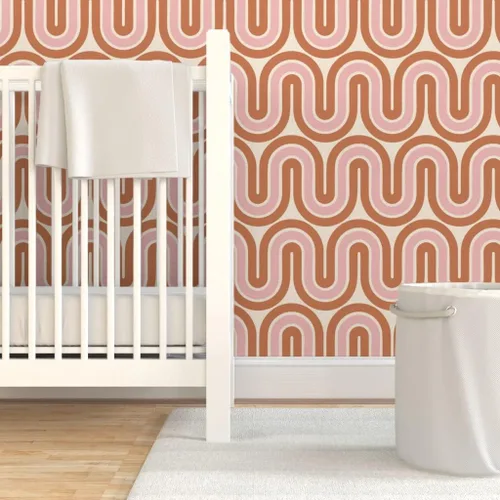 Vista 6 de Papel tapiz para despegar y pegar, diseño retro de mediados de siglo, líneas rosadas y marrones, decoración del hogar, olas, papel tapiz extraíble
