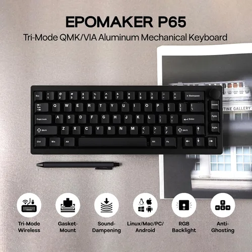 Vista 2 de EPOMAKER P65 QMKVIA - Teclado inalámbrico de aluminio para juegos, montaje en junta, Bluetooth2.4GhzUSB (A a C), intercambiable en caliente, N-Key