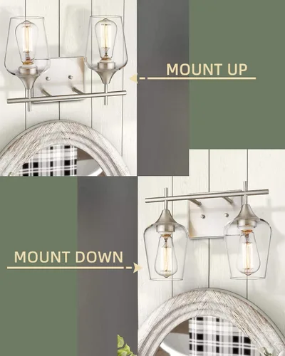 Vista 4 de WL9167-2C - Lámpara de baño de níquel cepillado de 15 pulgadas, lámpara moderna de pared de baño de granja con vidrio transparente