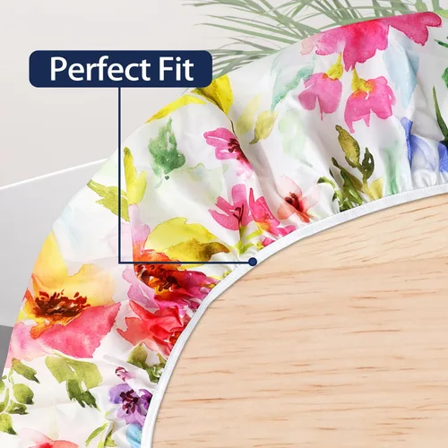 Vista 5 de Mantel redondo ajustable de primavera y verano con borde elástico, mantel de flores de acuarela para exteriores, mantel reutilizable para interiores