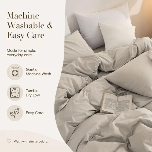 Vista 5 de Juego de funda de edredón 100% algodón lavado, tacto de lino Ropa de cama moderna transpirable ligera y suave para todas las estaciones