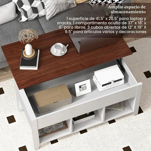 Vista 6 de Tangkula Mesa de centro de madera con tapa elevable, almacenamiento de té moderno con compartimento oculto y estante de almacenamiento abierto