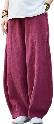 Vista 5 de Pantalones de lino y algodón holgados para mujer, con cintura elástica para relajarse. Pantalones estilo harén Verde militar