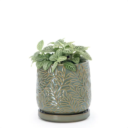 Vista 17 de D'vine Dev Maceta de gres con hojas en relieve de 4 pulgadas con orificio de drenaje y platillo, azul grafito, 27-A-Z-9 Nature-Inspired Leaf