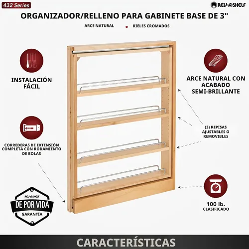 Vista 5 de Rev-A-Shelf 432-BF-3C Base extraíble con estantes ajustables de 3 pulgadas, natural