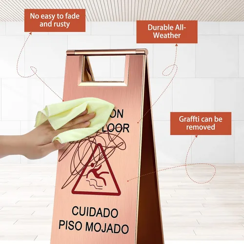 Vista 3 de Kigley 2 piezas señal de piso mojado, señal de precaución de piso mojado de acero inoxidable de 24 pulgadas, doble cara, portátil, plegable, señal