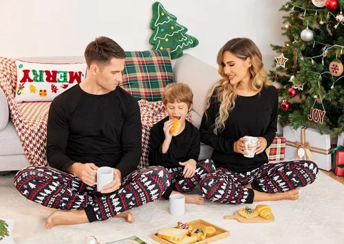 Vista 3 de Ekouaer Pijamas a juego para la familia, ropa de dormir de Navidad de manga larga con pantalones a cuadros, conjunto de pijamas suaves S-XXL