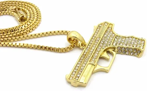 Vista 2 de Mens Iced Out ametralladora AK47Chopper, arma Uzi, pistola de mano, caja colgante, cuerda, cadena cubana, set de 3 collares con dije