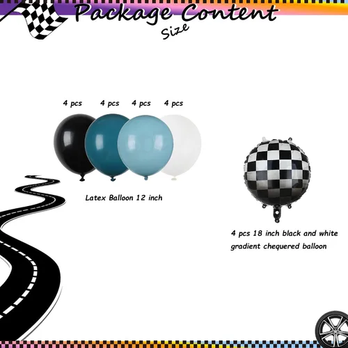 Vista 2 de Paquete de Globos de Coche de Carreras Globos a Cuadros Azules y Negros de Látex para Niños Un Feliz Primero, Segundo, Vintage, Dos, Rápidos, Un