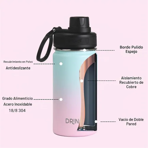 Vista 5 de Drinco - Botella de agua de acero inoxidable con boquilla, tapa aislada al vacío, botella de agua de doble pared, de boca ancha