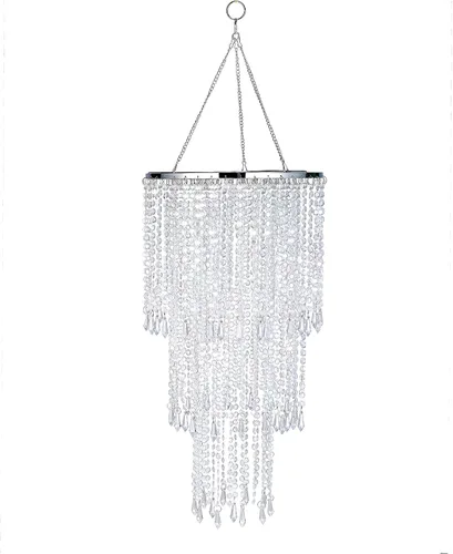 Vista 5 de Pantalla de araña de 3 niveles con cuentas de acrílico iridiscente, pantalla colgante de luz de techo con cuentas de cristal para boda, fiesta