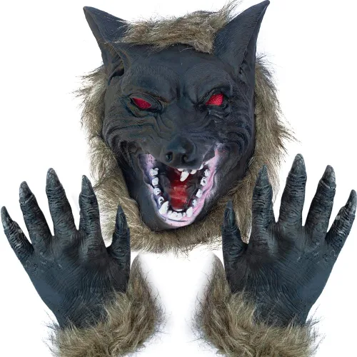 Vista 6 de Bygytyo Máscara de cabeza de lobo y garras de Holloween - Máscara de terror para fiesta de cosplay, disfraz de hombre lobo, regalo perfecto