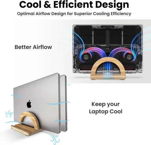 Vista 5 de Kothar Soporte vertical de madera prémium para laptop, soporte de bambú ajustable de doble ranura para MacBook, Dell, HP y más Organizador
