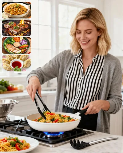 Vista 6 de Cuchara de espagueti y pinza para pasta con dientes de agarre y orificios de drenaje, cabezal de silicona antiadherente de 2 piezas con mango