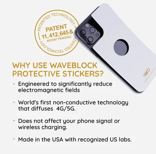 Vista 5 de WAVEBLOCK Bloqueador de EMF para Celular - Hecho para iPhone 11 - La única pegatina 5G-Shield patentada, respaldada científicamente y probada