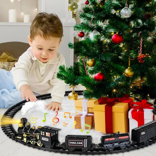 Vista 5 de Juego de tren para niños, juguete de tren con vapor, luz y sonidos, conjuntos de tren de Navidad para debajo del árbol, para niños y niñas de 3 4 5