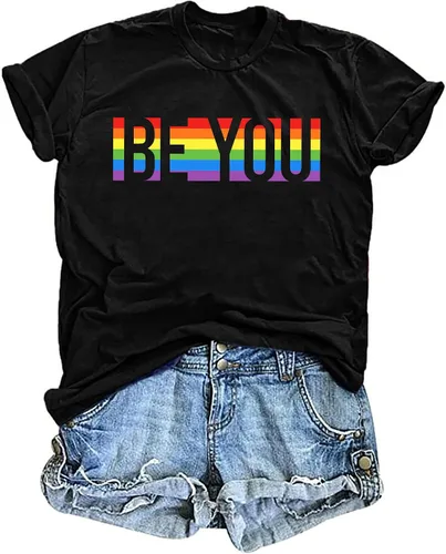 Vista 10 de Camisa de arcoíris para mujer, camiseta de orgullo con estampado de arco iris, camisetas casuales de manga corta Beyou-negro