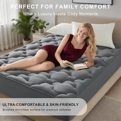 Vista 2 de Protector de colchón de 600 GSM con superficie acolchada (Pillow Top), funda de colchón, protector de colchón con superficie de algodón, funda