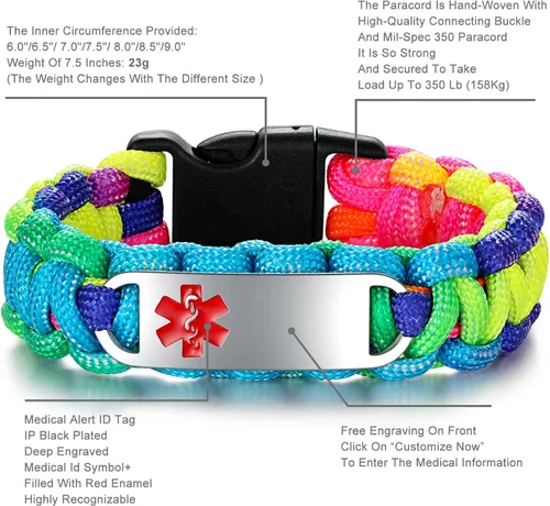 Vista 2 de Pulsera de alerta médica Paracord para hombres y mujeres Pulsera de identificación médica de acero inoxidable con hebillas de liberación lateral