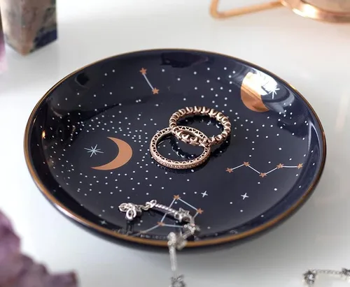 Vista 3 de Ebros Gift Wicca Símbolos Sagrados Estrella Púrpura Astrología Constelación Zodiaco Horóscopo Luna y Estrellas Albaratija Redonda Joya Plato