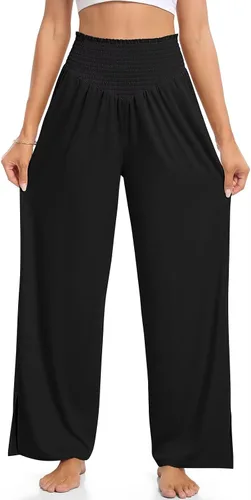 Vista 4 de UEU Pantalones holgados casuales de pierna ancha para mujer, pantalones deportivos de yoga de cintura alta, pantalones palazzo con abertura lateral