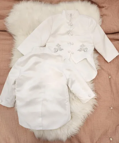 Vista 5 de iGilrDress - Cola de cuello mandarín blanco para bautizo y bautizo, 5 piezas, esmoquin con bordado cruzado
