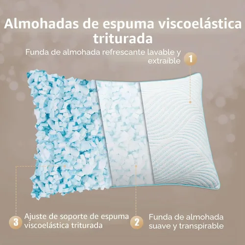 Vista 2 de Juego de 2 almohadas de tamaño estándar, almohadas de espuma viscoelástica frescas ajustables para dormir, para dormir boca arriba y de lado Azul