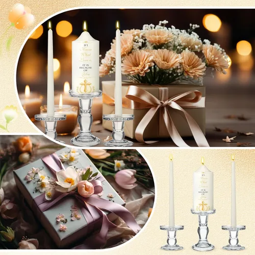 Vista 6 de MTLEE Juego de 3 velas Unity con portavelas para boda, incluye 1 pilar y 2 velas cónicas para ceremonia, accesorios de boda, bautismo, iglesia