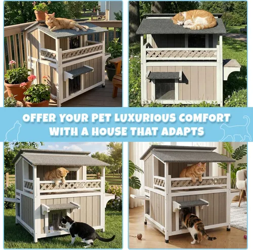 Vista 9 de Casa de madera para gatos para exteriores e interiores, resistente a la intemperie, refugio para gatos de dos pisos, hogar cerrado para gatos