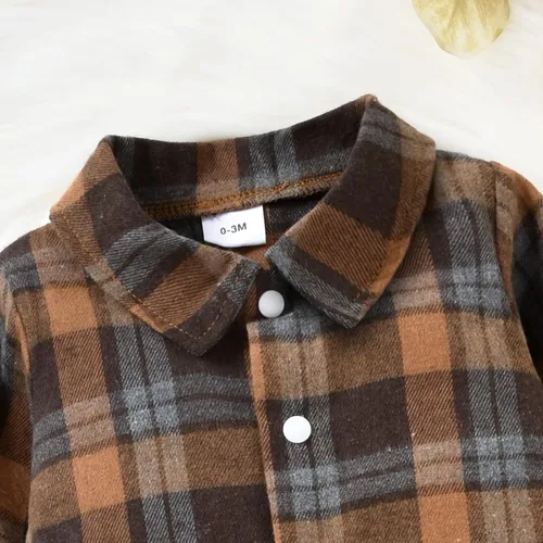 Vista 8 de ODASIRA Ropa de bebé niño, trajes de bebé, overol de manga larga a cuadros + overol de jeans, conjunto de pantalones