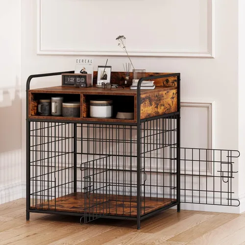 Vista 5 de Muebles de jaula para perros pequeños, perrera de interior, mesa de madera para perros con cajones de almacenamiento, jaula resistente para perros