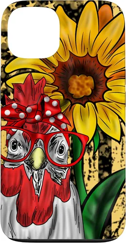 Vista 7 de iPhone 16 doméstico pollo vidrio bandera americana girasol retro divertido caso