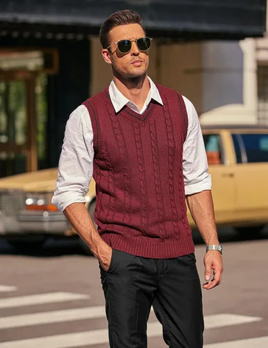 Vista 4 de COOFANDY Suéter para hombre, cuello en V, ajustado, casual, sin mangas, tejido trenzado