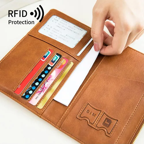 Vista 5 de Assport - Cartera para pasaporte, funda para pasaporte, cartera de viaje de cuero impermeable con bloqueo RFID con correa elástica y ranura