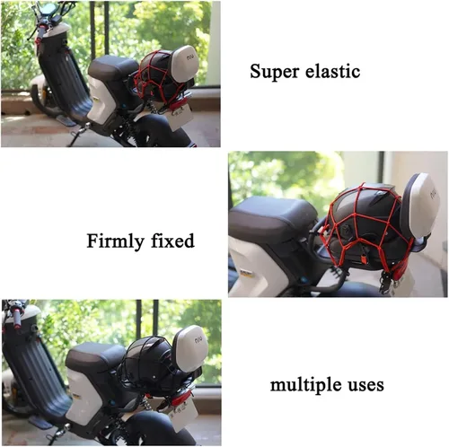 Vista 5 de Equipaje universal de red elástica para casco de motocicleta de 12 x 12 pulgadas con 6 ganchos de plástico compatibles con red de equipaje