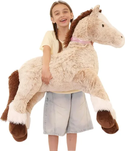 Vista 22 de Tezituor Animales de peluche gigantes de caballo negro de 47 pulgadas, poni de peluche grande realista de 4 pies para niños y niñas, almohada