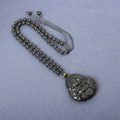 Vista 4 de Collar de obsidiana negra con dije de protección de amuleto de la suerte con cadena de cuentas extendida, piedra de cristal curativo, collares