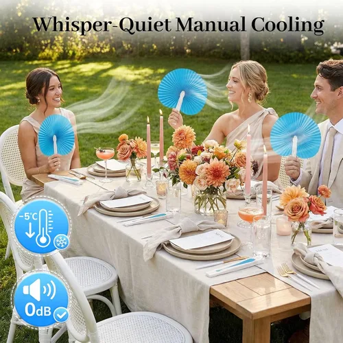 Vista 4 de JOHOUSE Ventilador de mano redondo decorativo plegable, paquete de 12 abanicos plegables azules, manualidades de estilo chino y japonés para bodas