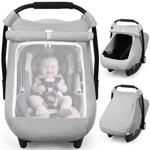 Vista 11 de Rquite Funda de asiento de automóvil para bebé, niña, niño, 100% muselina de algodón, toldo transpirable a prueba de viento con ventana de malla