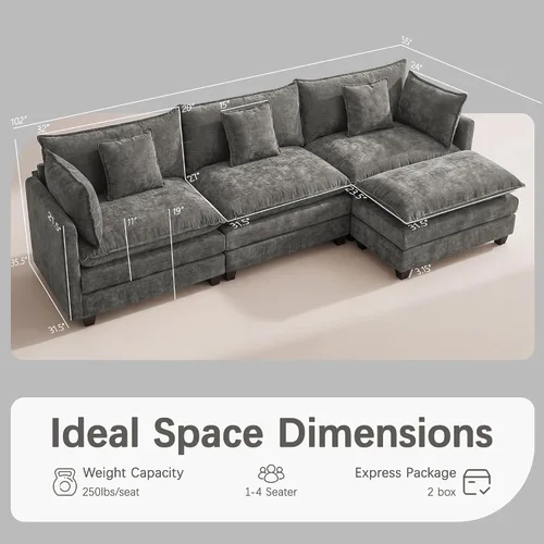 Vista 2 de Sofá modular modular de 102 pulgadas, sofá de nube de gran tamaño Gris