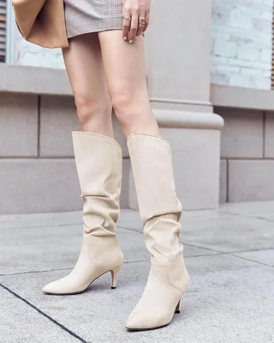 Vista 2 de Coutgo Botas altas hasta la rodilla para mujer, con tacón ancho de pantorrilla, puntera puntiaguda, botas largas para invierno