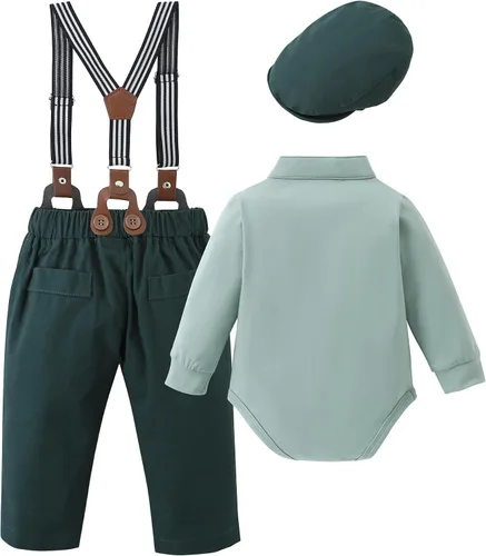 Vista 8 de SOLOYEE Ropa para bebé niño trajes de caballero para bebés, vestido de manga larga, pantalones con tirantes, corbatín, boina, sombrero de boina