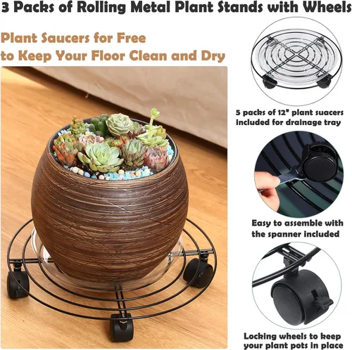 Vista 2 de Paquete de 3 organizadores grandes de metal para plantas con ruedas de 13.8 pulgadas, soporte rodante resistente con ruedas para macetas